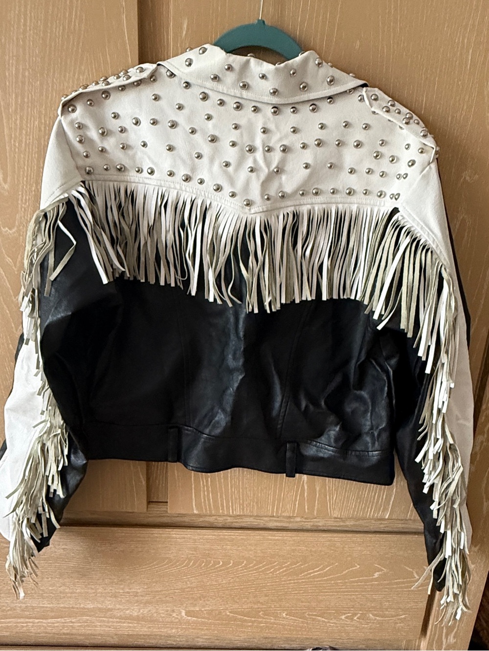 Nasty Gal Black & White Studded Fringe Moto Jacket - Picture 6 of 10